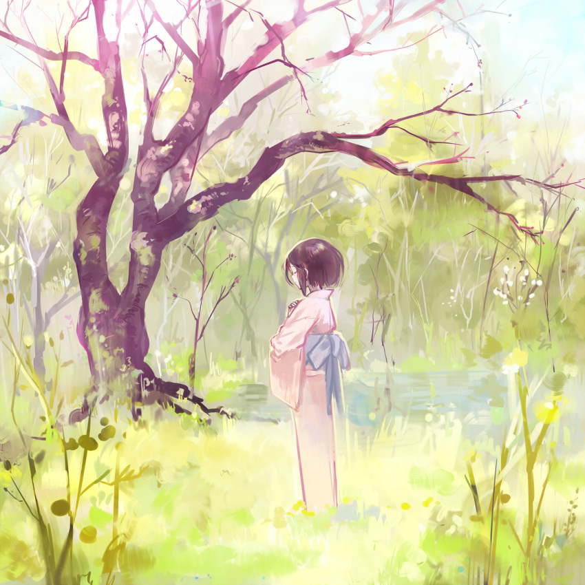 1girl, alt_(apou), black_hair, blurry, closed_eyes, faux_traditional_media, hands_on_own_chest, highres
