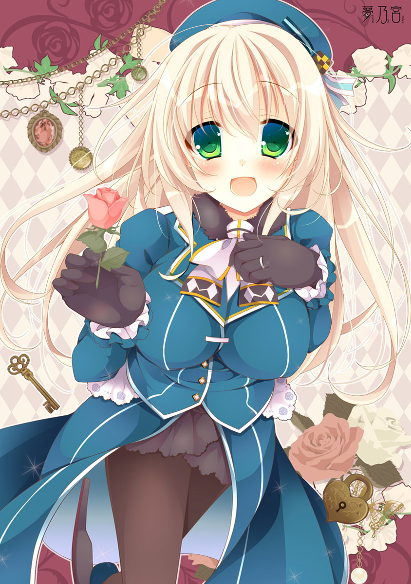 1girl, atago_(kantai_collection), black_legwear, blonde_hair, blue_hat, blush, bodystocking, breasts