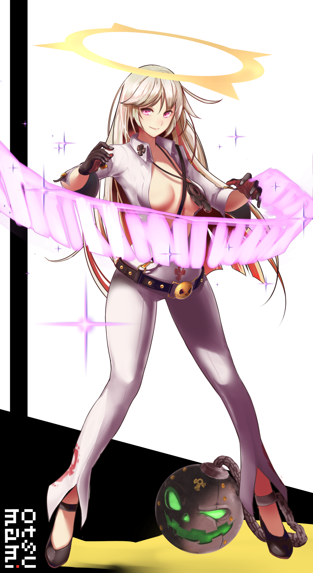 1girl, ball_and_chain_restraint, belt, black_gloves, bodysuit, breasts, center_opening, full_body, gloves, guilty_gear, guilty_gear_xrd, halo, highres, holographic_keyboard, instrument, jack-o_(guilty_gear), keyboard_(instrument), long_hair, medium_breasts, multicolored_hair, no_bra, otsumami_(otsu-mugi), pink_eyes, redhead, solo, sparkle, standing, two-tone_hair, white_hair