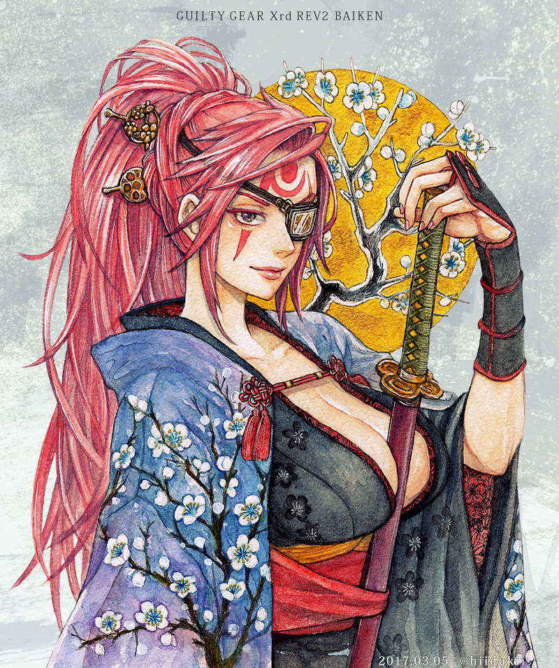 1girl, amputee, armor, baiken, between_breasts, breasts, character_name, cleavage, eyepatch, guilty_gear, guilty_gear_xrd, hair_ornament, hitsuki_(hiidukii), japanese_armor, japanese_clothes, katana, kimono, kote, large_breasts, long_hair, obi, one-eyed, pink_hair, ponytail, sash, solo, sword, tattoo, weapon