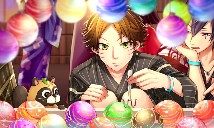 2boys, animal, earrings, hand_on_own_cheek, hand_on_own_knee, japanese_clothes, jewelry, kimono