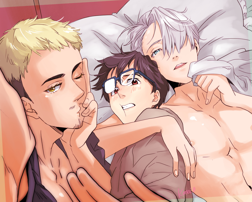 3boys, alternate_eye_color, black_hair, blonde_hair, blue-framed_eyewear, blue_eyes, blue_hair, brown_eyes