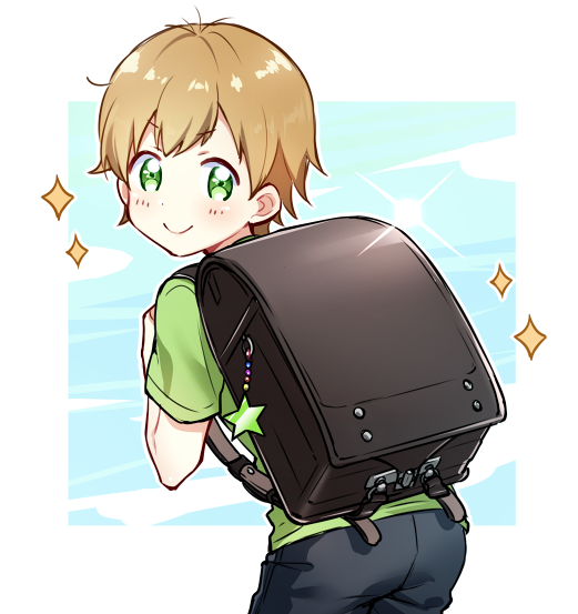1boy, backpack, bag, blush, brown_hair, child, doyagao, green_eyes