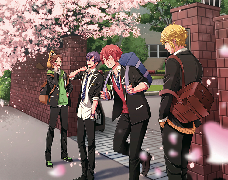 4boys, aho_no_sakata, animal, animal_on_shoulder, backpack, bag, black_jacket, black_pants