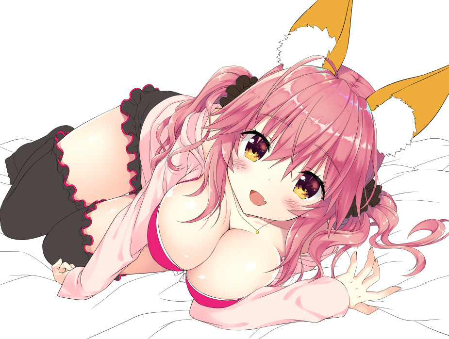 1girl, animal_ears, bad_id, bad_pawoo_id, bangs, bed_sheet, black_legwear, blush