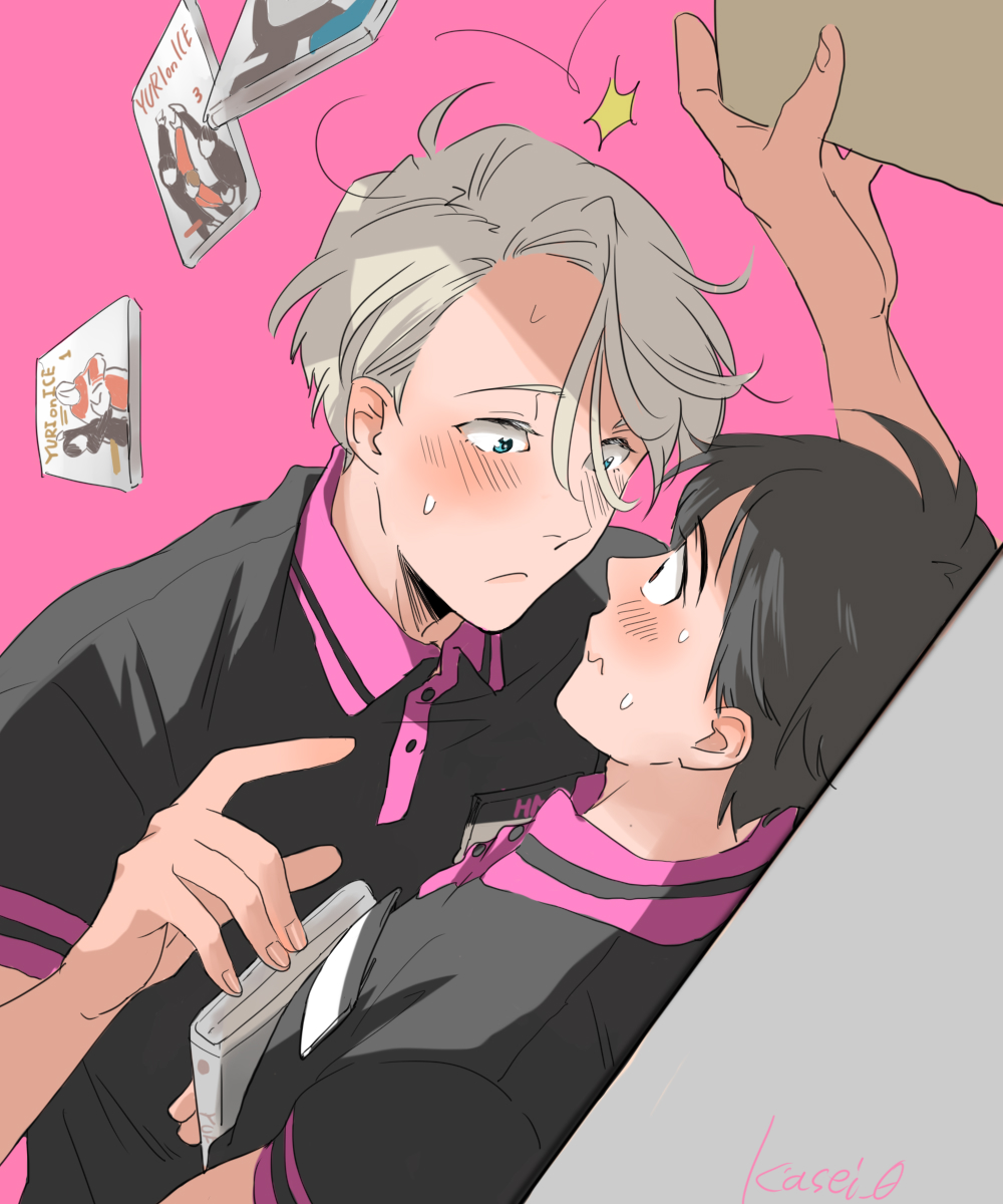 2boys, against_wall, black_hair, blue_eyes, blush, brown_eyes, collared_shirt, dvd_case