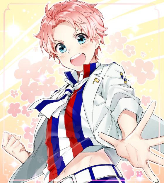 1boy, adonis_belt, blue_eyes, blush, clenched_hand, flag_pin, flower, idol, idolmaster, idolmaster_side-m, jacket, kabuto_daigo, looking_at_viewer, male_focus, navel, open_clothes, open_jacket, outstretched_hand, pink_border, pink_hair, shirt, smile, solo, striped, striped_shirt, tsuchiya_(1315444), vertical-striped_shirt, vertical_stripes