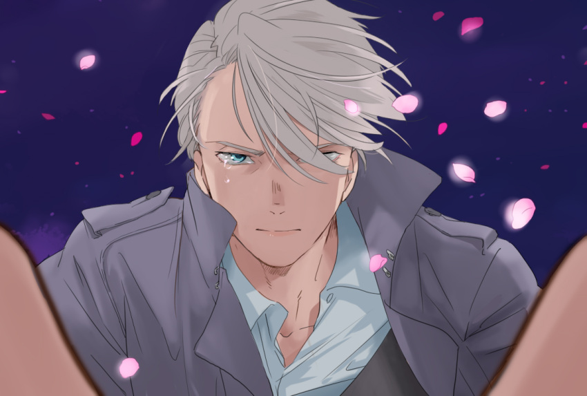 1boy, blue_eyes, coat, collared_shirt, hair_over_one_eye, kasei_(kasei_0), male_focus, petals