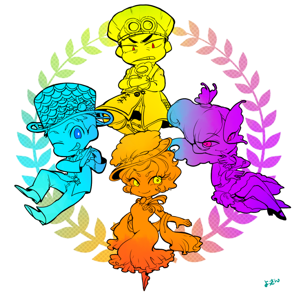 2boys, 2girls, ;), artist_name, blue_eyes, carlotta_mariposa, chibi, clenched_teeth