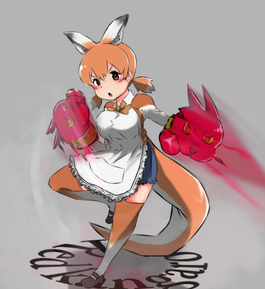 1girl, apron, blush, bow, bowtie, boxing_gloves, character_name, full_body