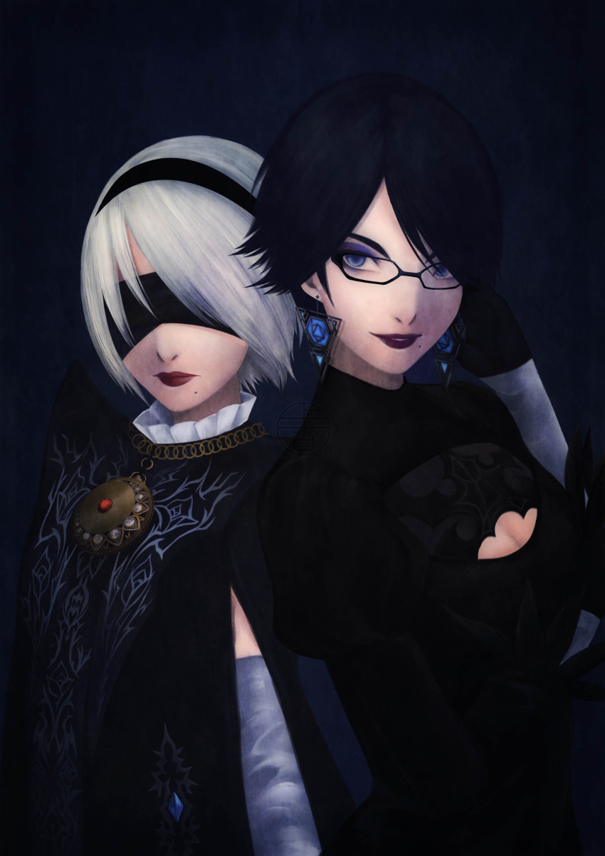 2girls, absurdres, bayonetta, bayonetta_(character), bayonetta_2, black_hair, blindfold, breasts, cleavage, cleavage_cutout, company_connection, cosplay, costume_switch, crossover, dark_background, eyeshadow, glasses, hairband, highres, lipstick, looking_at_viewer, makeup, medium_breasts, mole, mole_under_mouth, multiple_girls, nier_(series), nier_automata, parted_lips, platinumgames_inc., rifaen, short_hair, silver_hair, smile, upper_body, yorha_no._2_type_b