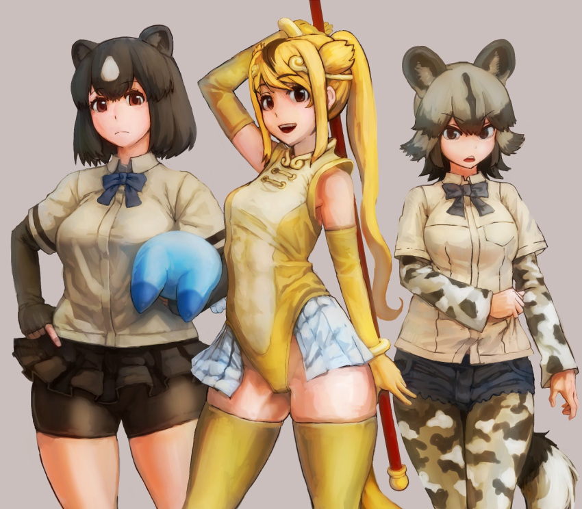 3girls, african_wild_dog_(kemono_friends), african_wild_dog_ears, african_wild_dog_tail, animal_ears, bear_ears, bear_girl, bike_shorts