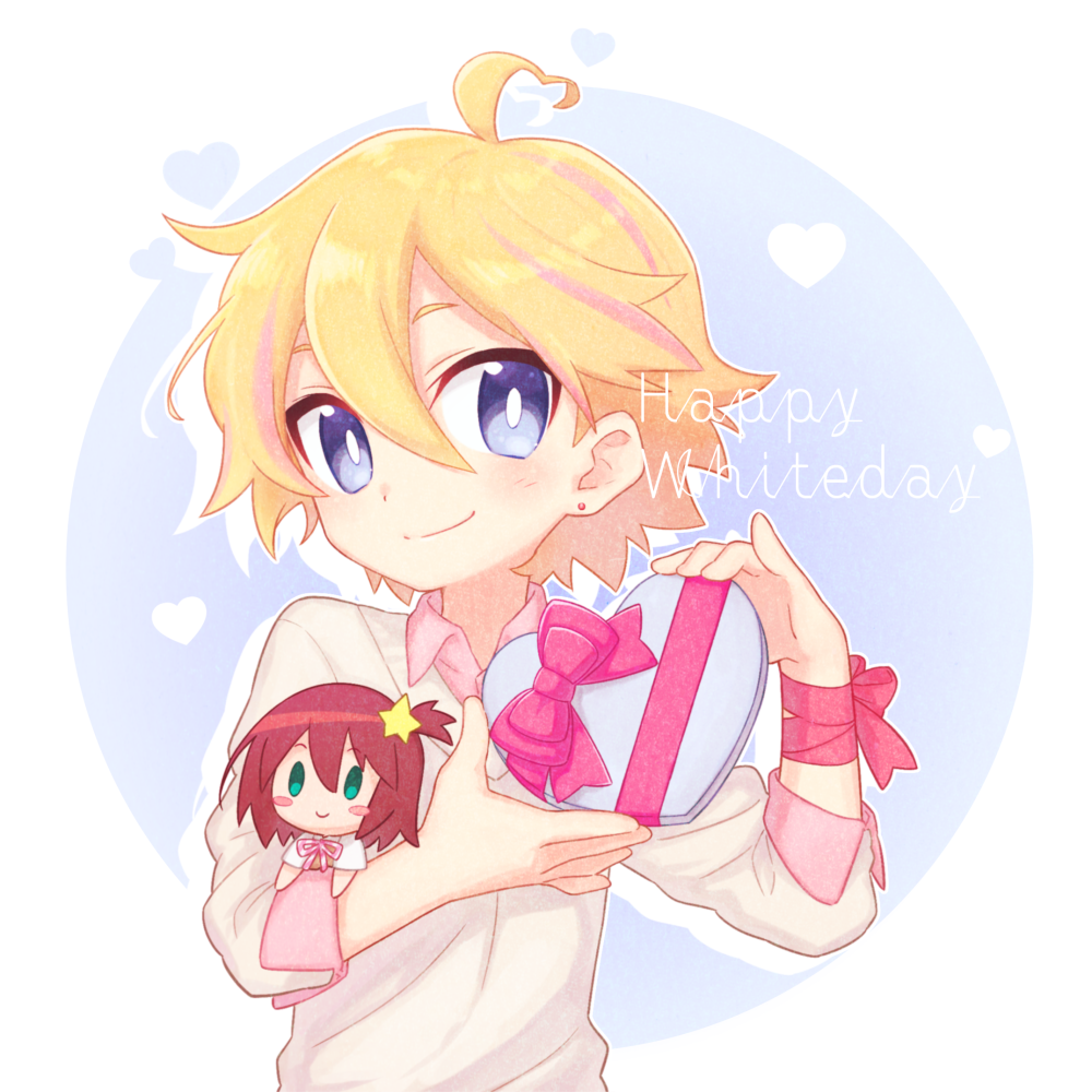 1boy, ahoge, alpha_omega_nova, blonde_hair, blue_background, blue_eyes, bright_pupils, character_doll