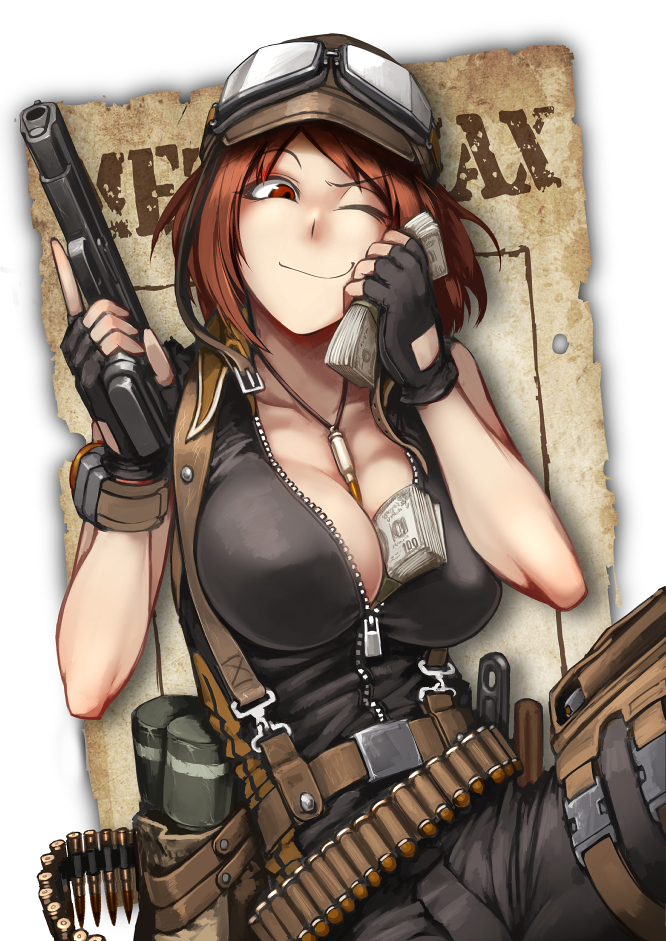 1girl, ammunition_belt, ammunition_pouch, bare_shoulders, belt, between_breasts, black_gloves, breasts