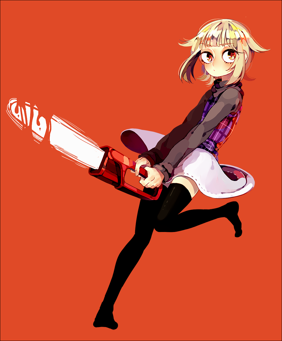 1girl, black_legwear, blonde_hair, chainsaw, full_body, seriko_(seo77000), short_hair, skirt