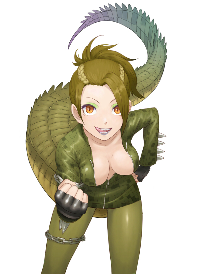 1girl, braid, breasts, center_opening, chains, cleavage, crocodile_tail, fingerless_gloves, gloves, green_hair, kemono_friends, leaning_forward, lipstick, looking_at_viewer, makeup, medium_breasts, open_mouth, orange_eyes, pantyhose, ponytail, saltwater_crocodile_(kemono_friends), shigumo_(shigeru), simple_background, smile, solo, tail, teeth, tongue, tongue_out, upper_body, white_background