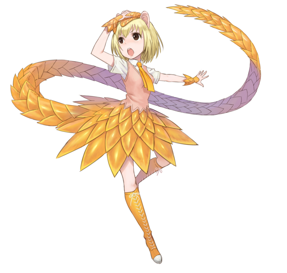 1girl, blonde_hair, boots, brown_eyes, full_body, giant_pangolin_(kemono_friends), hat, kemono_friends, necktie, open_mouth, pangolin_ears, pangolin_tail, shigumo_(shigeru), simple_background, skirt, solo, tail, teeth, white_background