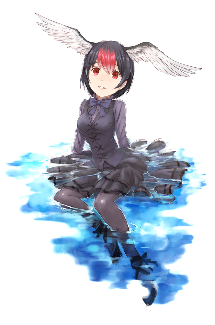 1girl, black_hair, black_swan_(kemono_friends), bow, bowtie, feathered_wings, kemono_friends, miniskirt