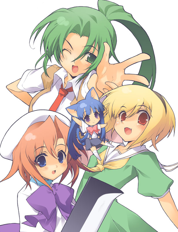 blonde_hair, blue_eyes, brown_hair, furude_rika, green_eyes, green_hair, higurashi_no_naku_koro_ni, houjou_satoko