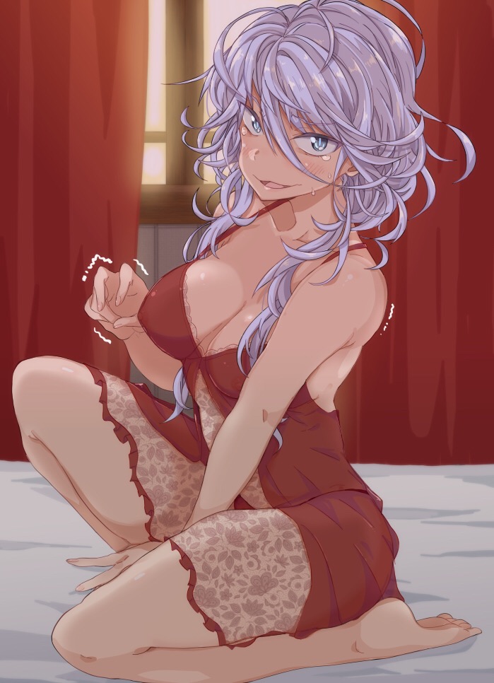 1girl, armpit_peek, bare_arms, bare_shoulders, barefoot, blue_eyes, blush, breasts