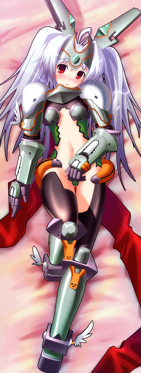 blush, flat_chest, highres, kuroba_(f-15c_eagle), kuroba_(pixiv112373), long_hair, lying, purple_hair, red_eyes, shirogane_no_soleil_~valkyr_in_love~, sol-valkyr, thigh-highs, thighhighs