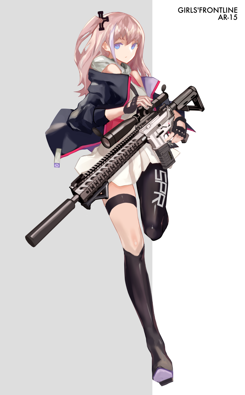 1girl, ar-15_(girls_frontline), asymmetrical_legwear, bangs, bare_shoulders, black_gloves, black_legwear, blue_eyes, cancell, closed_mouth, dress, fingerless_gloves, full_body, girls_frontline, gloves, gun, highres, holding, holding_gun, holding_weapon, jacket, looking_at_viewer, open_clothes, open_jacket, pink_hair, rifle, short_dress, side_ponytail, solo, st_ar-15_(girls_frontline), weapon, white_dress