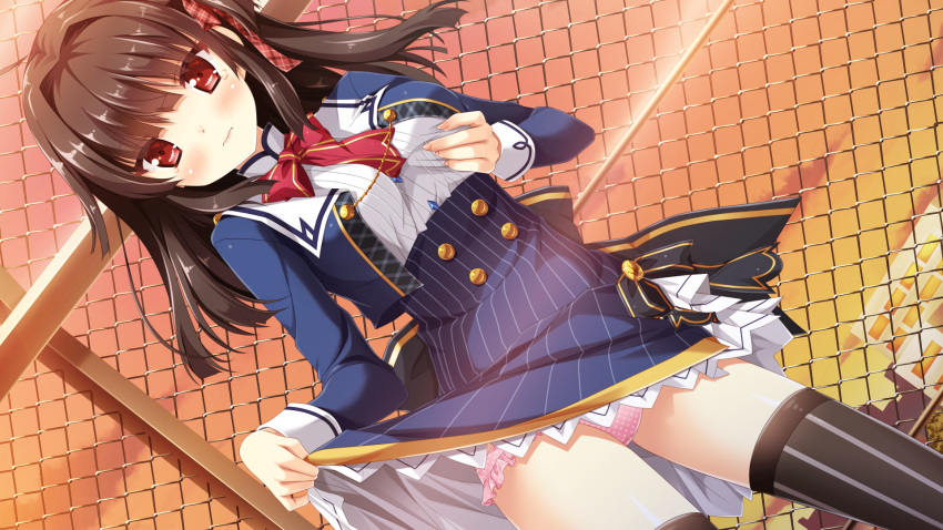 1girl, black_hair, black_legwear, blue_skirt, blush, bow, bowtie, dutch_angle