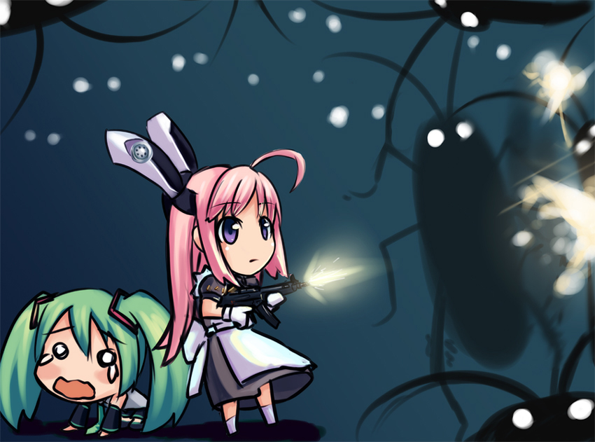 chibi, cockroach, crossover, gun, h&amp;k_mp5, hatsune_miku, hoihoi-san, ichigeki_sacchuu!!_hoihoi-san