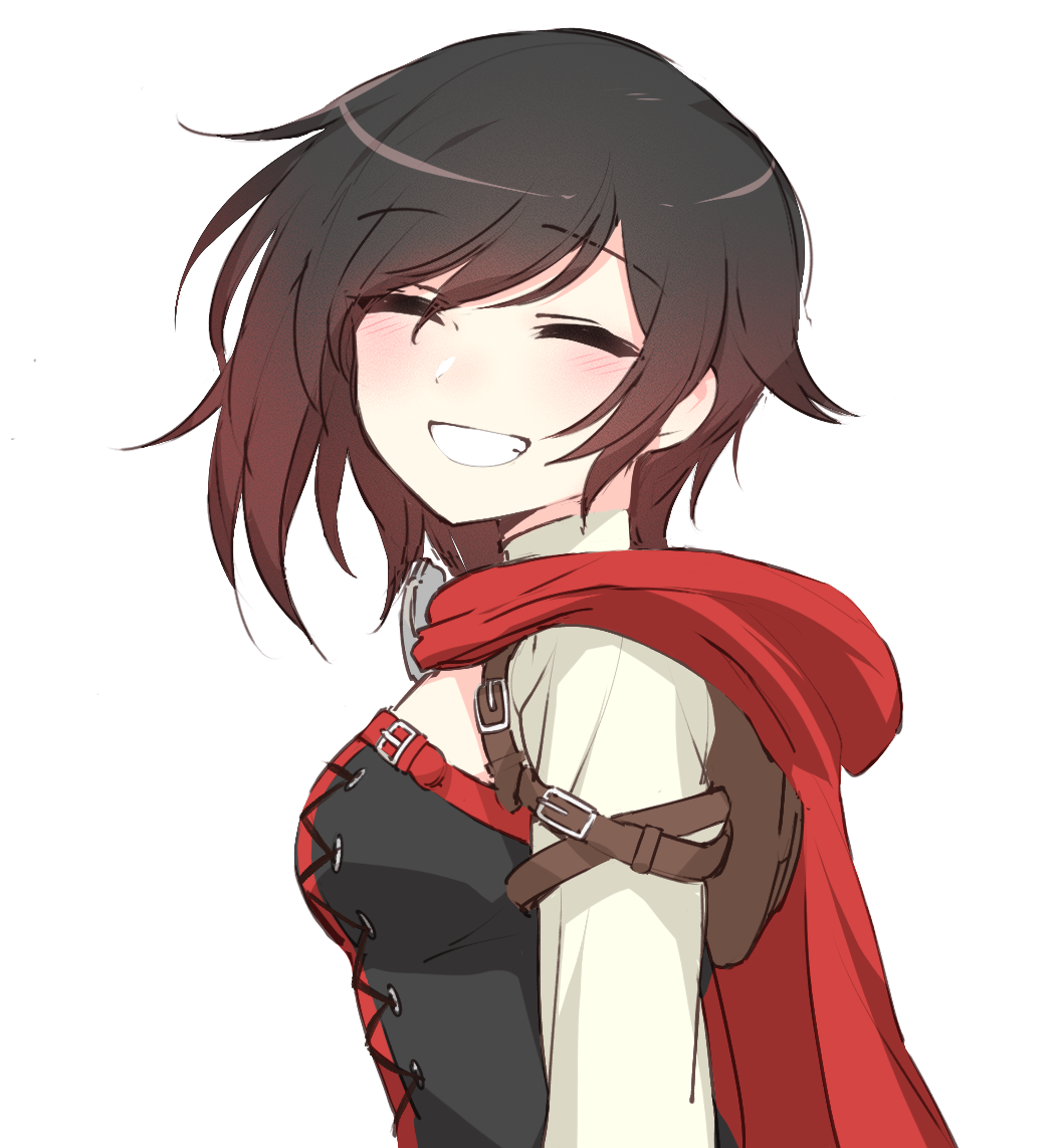 1girl, ^_^, black_dress, black_hair, blush, breasts, cape, closed_eyes