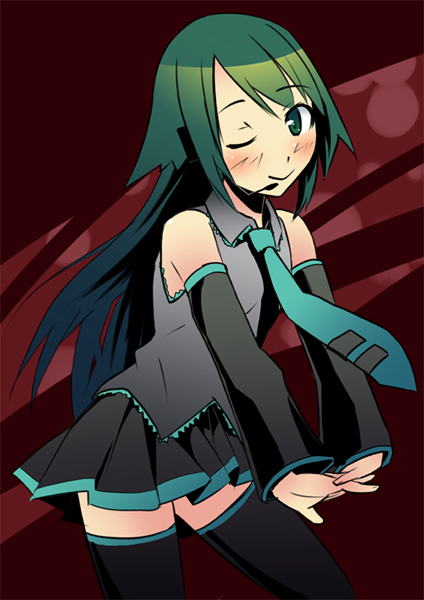 blush, cosplay, detached_sleeves, green_eyes, green_hair, hands_clasped, hatsune_miku, hatsune_miku_(cosplay)