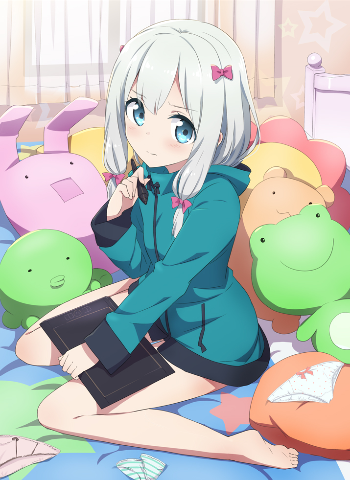 1girl, bare_legs, barefoot, bed, bed_sheet, bedroom, blue_eyes, blush