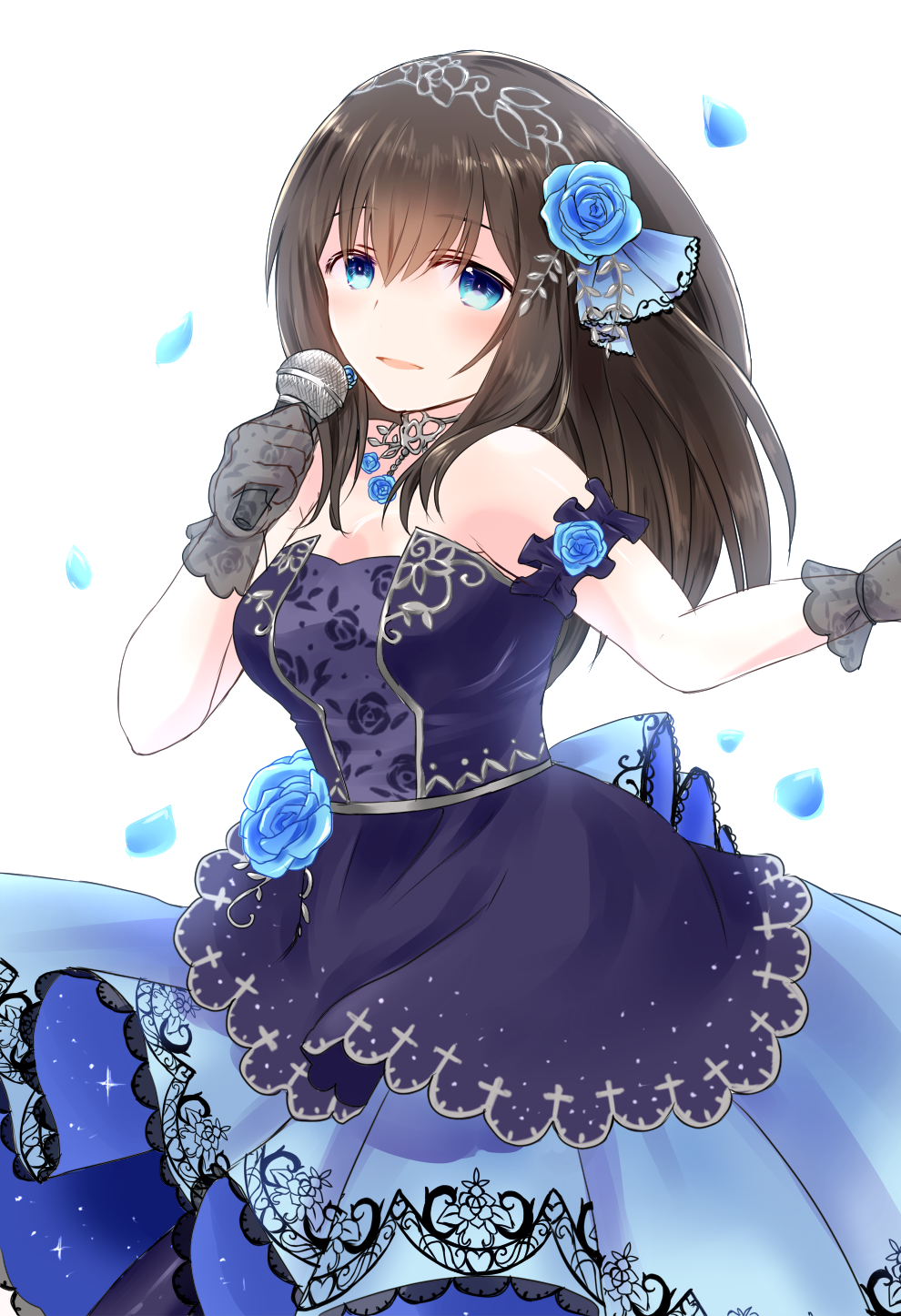 1girl, black_dress, black_gloves, black_hair, blue_eyes, blue_rose, blush, chii_(sbshop)