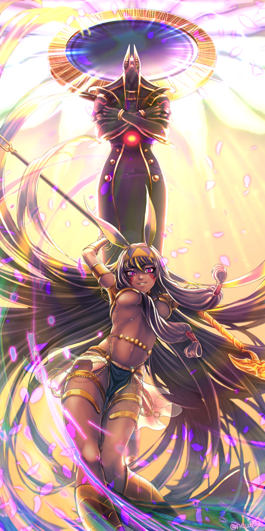 1girl, :d, absurdly_long_hair, absurdres, anklet, anubis, armlet, armor