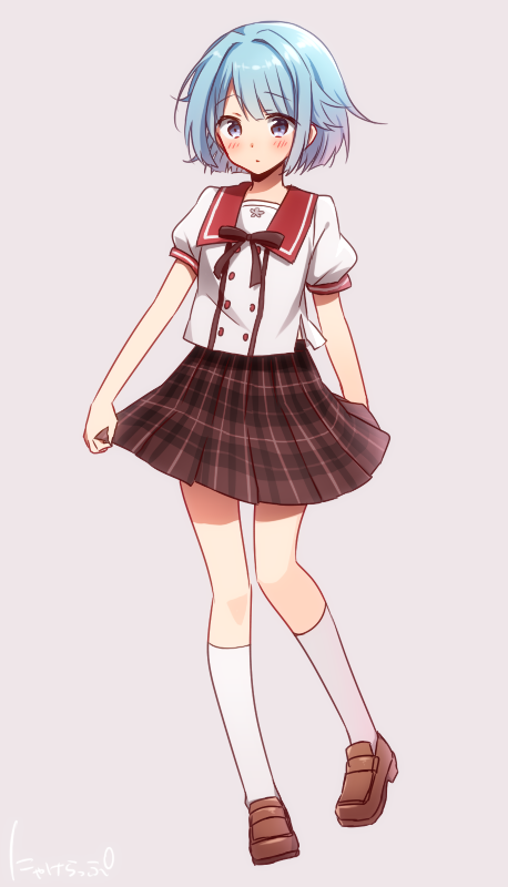 1boy, blue_hair, blush, crossdressinging, ensemble_stars!, kneehighs, male_focus, nyakelap, plaid, plaid_skirt, shino_hajime, shoes, skirt, skirt_hold, socks, solo, trap, violet_eyes, white_legwear