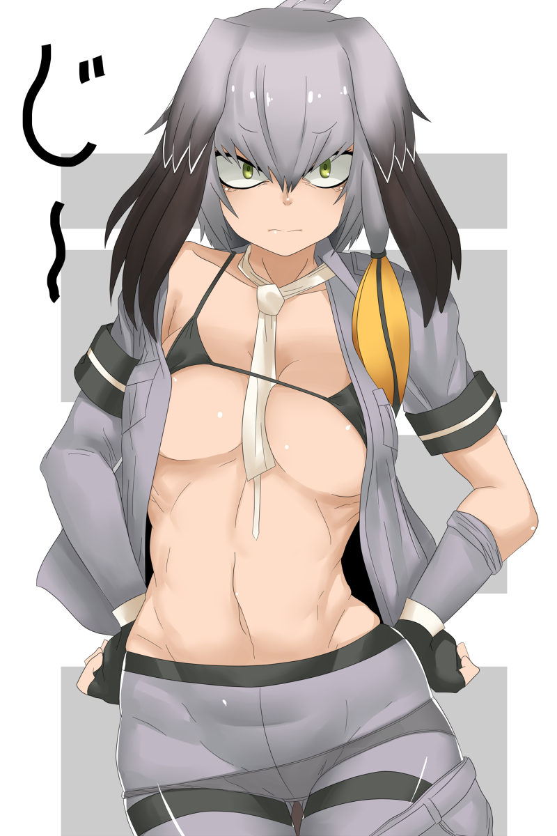 1girl, between_breasts, bikini_top, black_gloves, black_hair, breasts, closed_mouth, collarbone