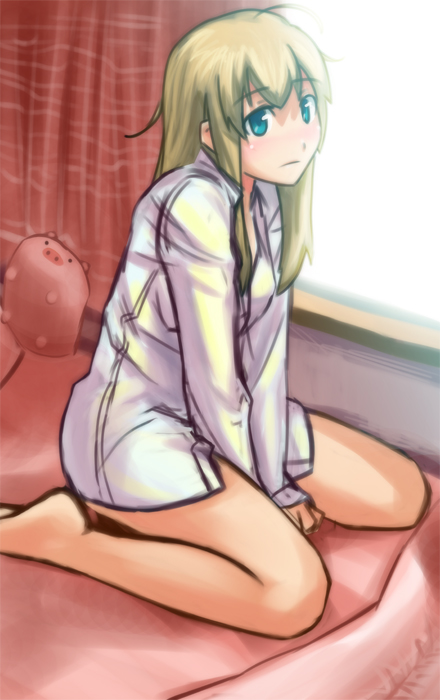 barefoot, bed, between_thighs, blonde_hair, blue_eyes, dress_shirt, kneeling, kuroba_(f-15c_eagle)