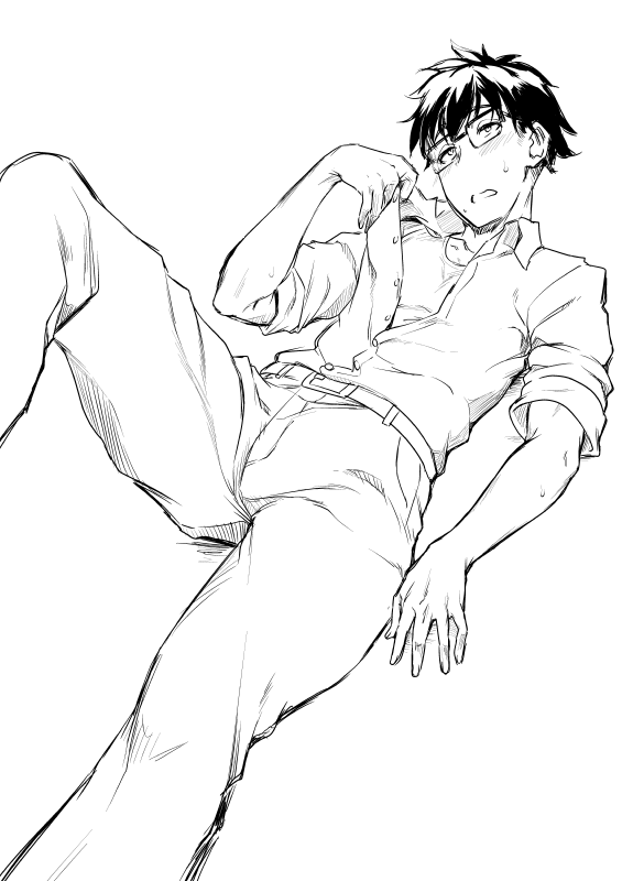 1boy, amaama_to_inazuma, black_hair, blush, bulge, collarbone, glasses, inuzuka_kouhei