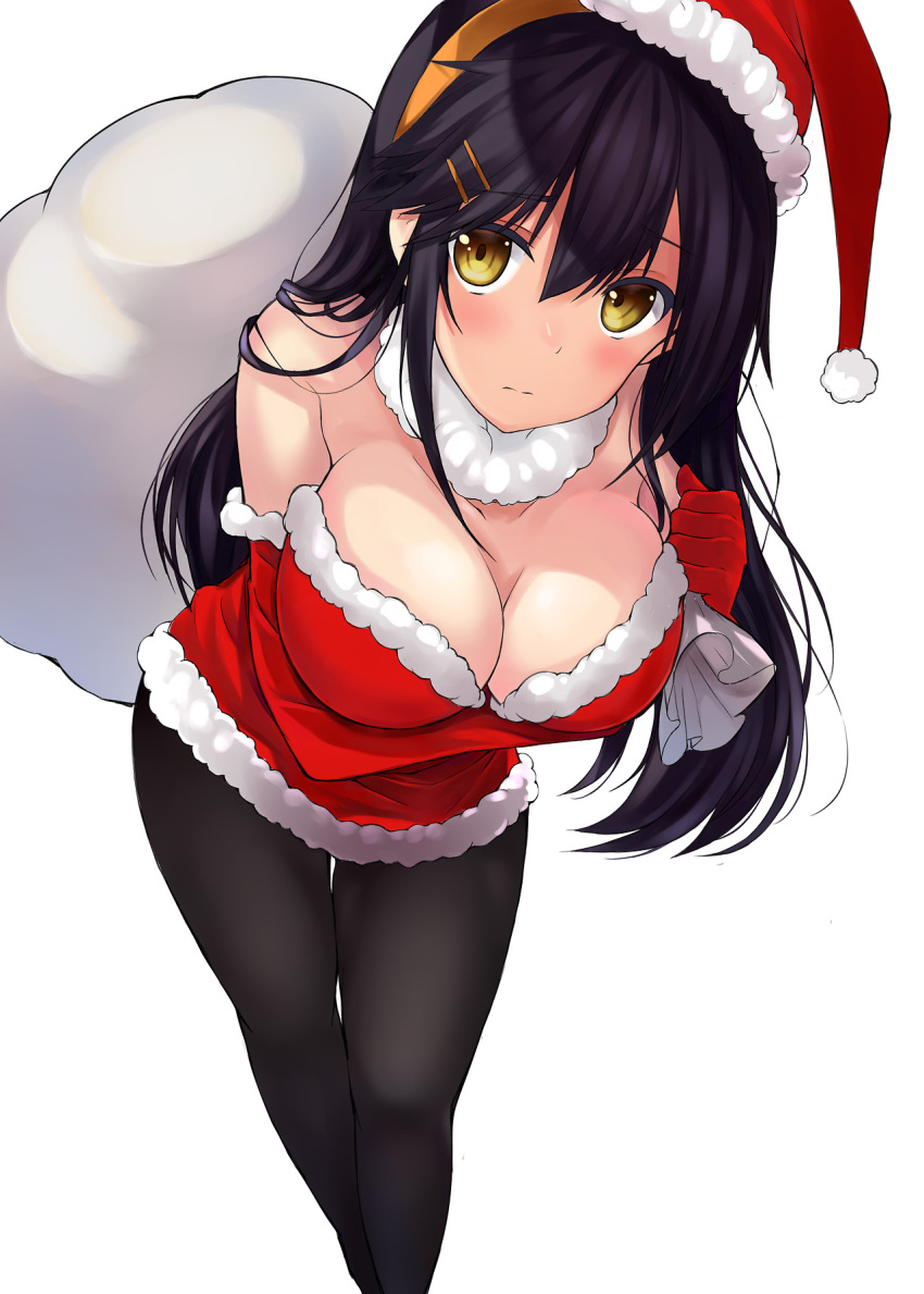 1girl, black_hair, black_legwear, blush, breasts, brown_eyes, cleavage, hair_ornament