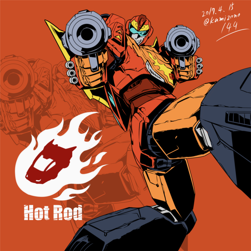 1boy, 80s, artist_name, autobot, car, full_body, glowing, ground_vehicle, gun, holding, holding_gun, holding_weapon, hot_rod, insignia, kamizono_(spookyhouse), looking_at_viewer, machine, machinery, mecha, motor_vehicle, no_humans, oldschool, open_mouth, orange_background, robot, smile, solo, transformers, twitter_username, vehicle, weapon