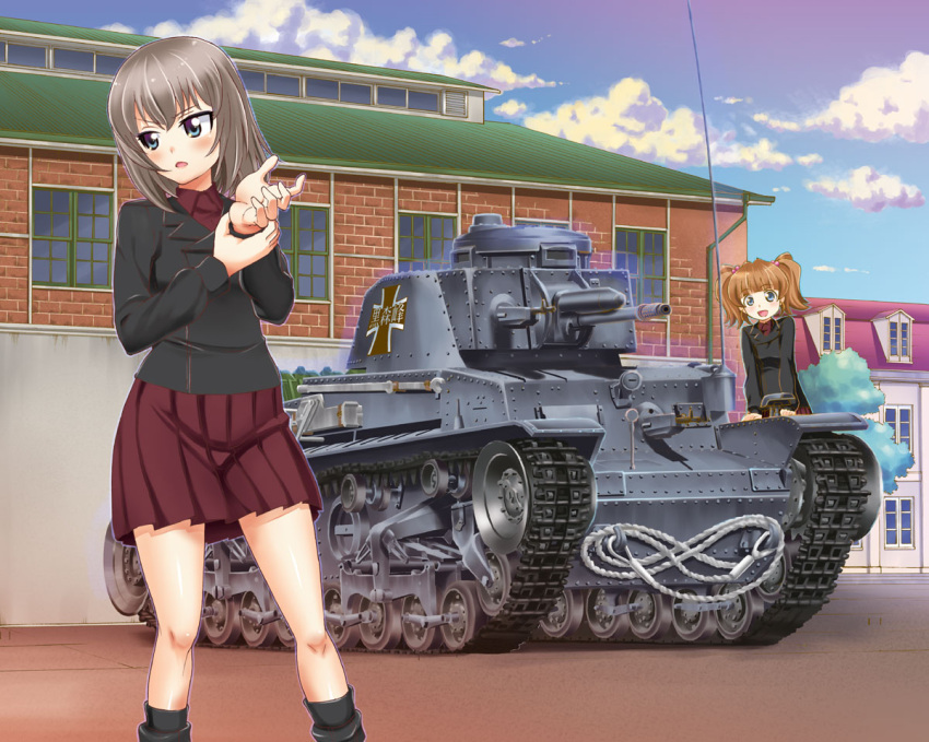 2girls, blue_eyes, blush, brown_hair, building, clouds, commentary, cover, cover_page, emblem, girls_und_panzer, girls_und_panzer_phase_erika, ground_vehicle, hair_bobbles, hair_ornament, itsumi_erika, kuromorimine_(emblem), kuromorimine_military_uniform, looking_to_the_side, military, military_vehicle, motor_vehicle, multiple_girls, official_art, panzerkampfwagen_35(t), radio_antenna, rope, rou_leila, saitaniya_ryouichi, silver_hair, skirt, sky, tank, twintails, uniform, wrench