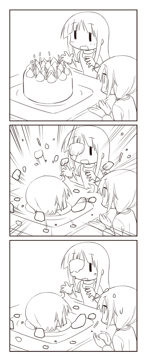3girls, ahoge, blush, cake, candle, chihaya_72, comic, exploding
