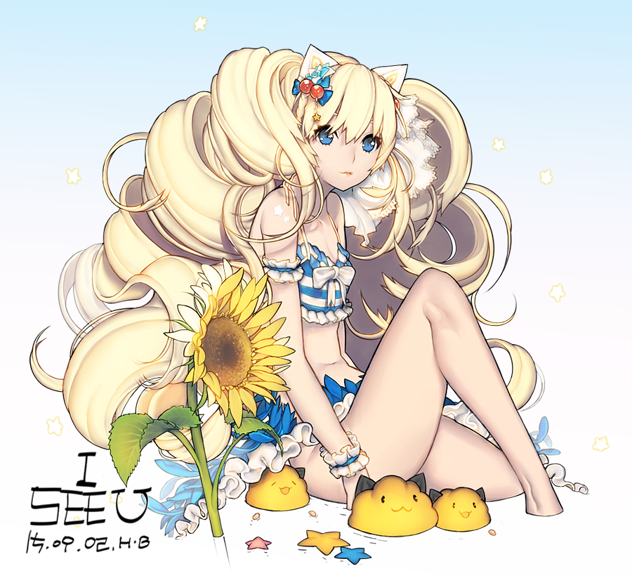 1girl, animal_ears, arm_garter, bikini, blonde_hair, breasts, cat_ears, character_name