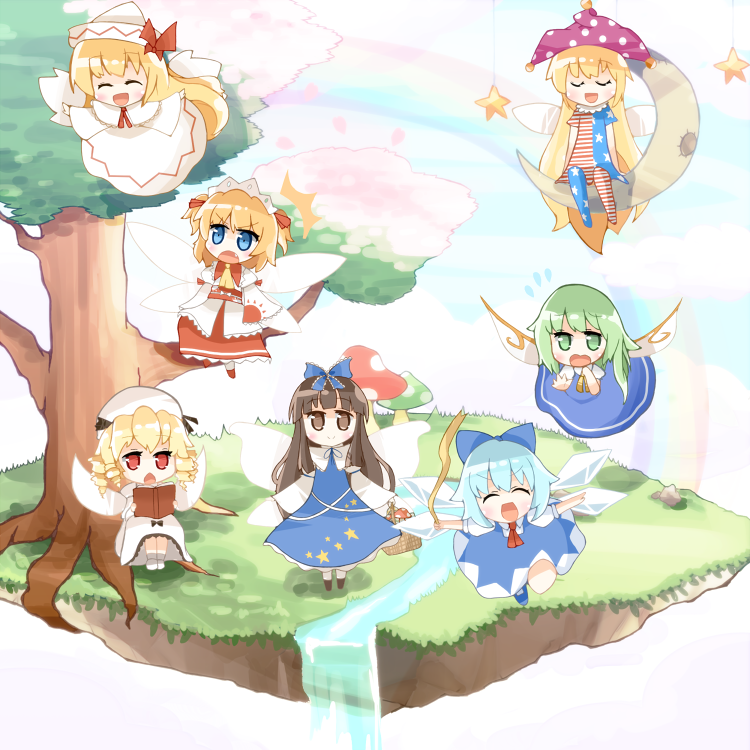 6+girls, american_flag_dress, american_flag_legwear, ascot, basket, black_hair, blonde_hair, blue_dress, blue_eyes, blue_shoes, blue_sky, blush, bow, capelet, cherry_blossoms, cirno, closed_eyes, clouds, clownpiece, curly_hair, daiyousei, day, dress, drill_hair, fairy, fairy_wings, flying, flying_sweatdrops, grass, green_eyes, green_hair, hair_ribbon, happy, hat, hat_bow, headdress, hime_cut, ice, ice_wings, jester_cap, kito_shi, lily_white, long_hair, long_sleeves, looking_at_viewer, luna_child, moon, multiple_girls, mushroom, no_ribbon, open_mouth, outstretched_arms, pantyhose, petals, rainbow, red_dress, red_eyes, ribbon, rock, shoes, side_ponytail, sitting, sky, smile, socks, star, star_print, star_sapphire, stream, sun_(symbol), sunny_milk, surprised, touhou, tree, two_side_up, very_long_hair, water, wavy_mouth, white_dress, wings, worried