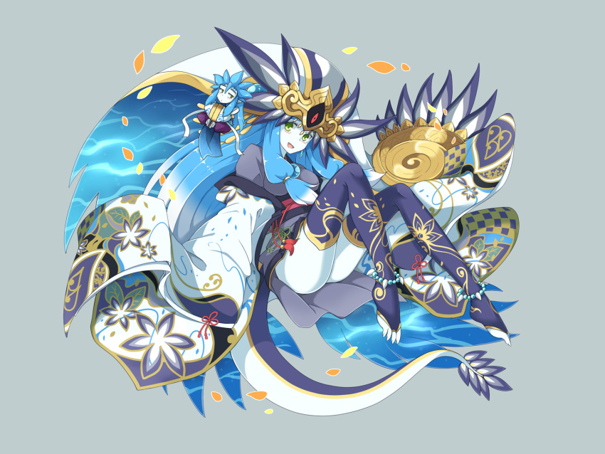 1boy, 1girl, blue_background, blue_hair, blush, commentary_request, cosplay, dragon_girl, dragon_tail, flan_(zhd91), full_body, gradient_hair, green_eyes, headdress, highres, japanese_clothes, magatama, mini_person, miniboy, multicolored_hair, open_mouth, pale_skin, petals, photoshop_(medium), puzzle_&amp;_dragons, revision, simple_background, sumire_(p&amp;d), tail, thighhighs, toeless_legwear, wadatsumi_(p&amp;d), wadatsumi_(p&amp;d)_(cosplay)