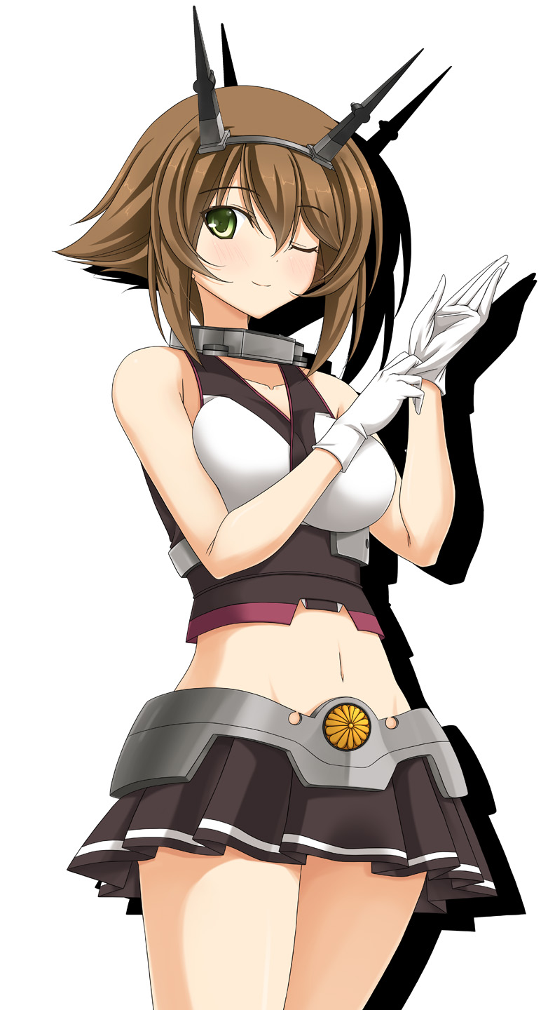 1girl, adjusting_clothes, adjusting_gloves, breasts, brown_hair, collar, commentary_request, crop_top