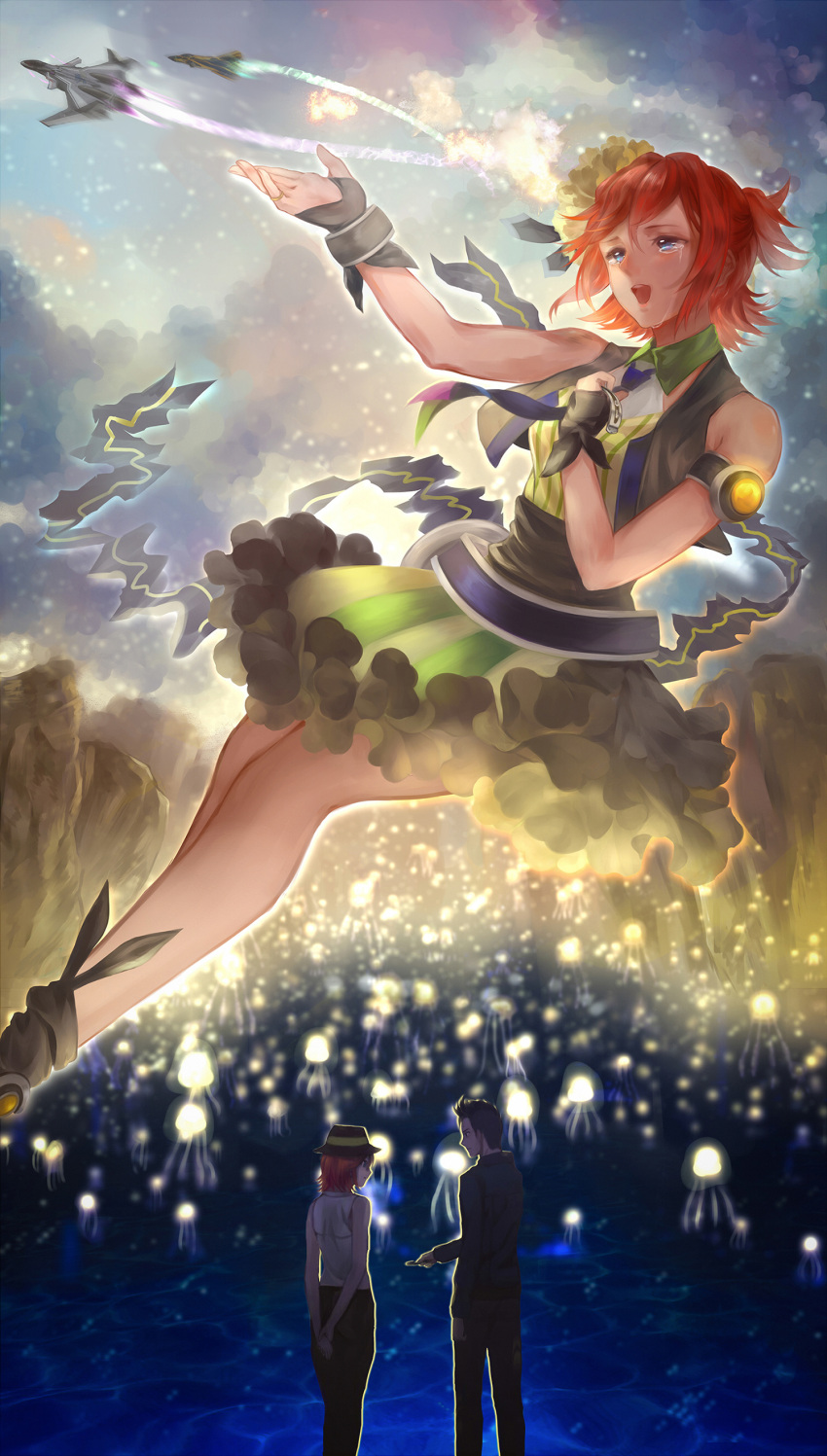1boy, 1girl, absurdres, aerial_battle, aircraft, arm_strap, battle, blue_eyes