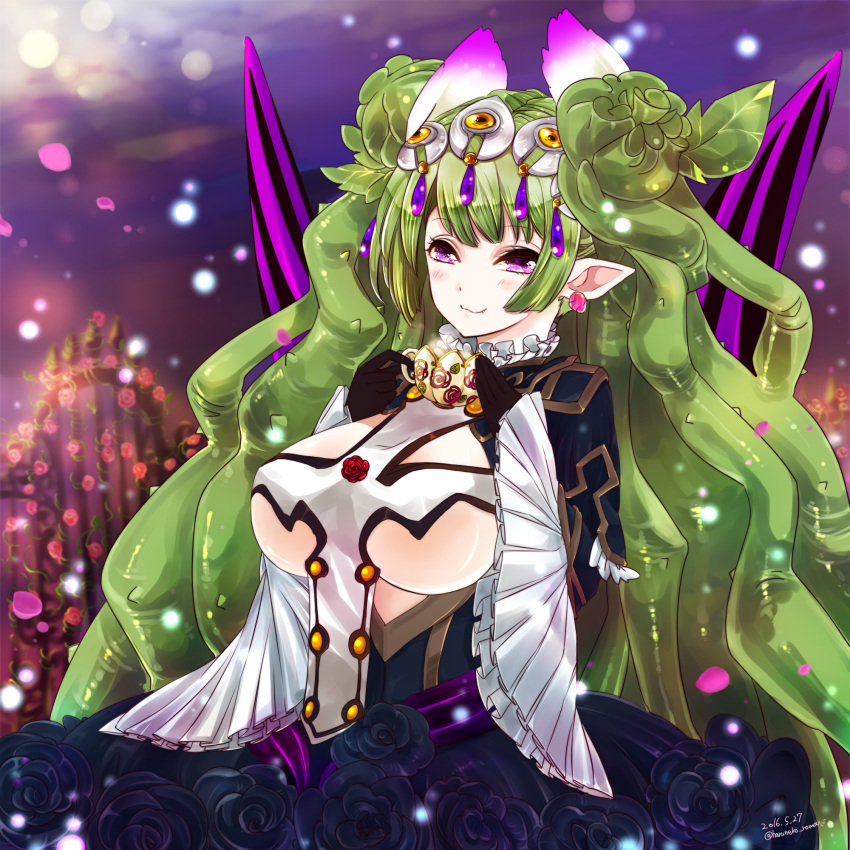1girl, :3, blurry, breasts, cup, dated, depth_of_field, dress, earrings, fang, flower, frills, gloves, green_hair, hair_ornament, haruneko_roma, highres, holding, holding_cup, jewelry, large_breasts, last_period, long_hair, meldia_(last_period), pointy_ears, revealing_clothes, rose, smile, solo, teacup, twintails, twitter_username, very_long_hair, victorian, violet_eyes, wide_sleeves