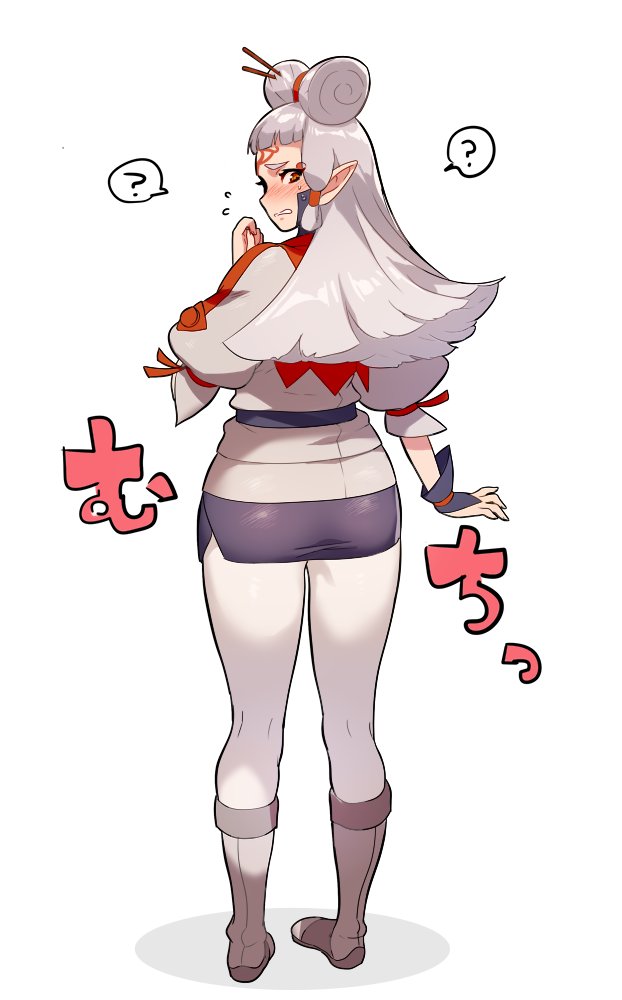 1girl, ass, bangs, blush, brown_eyes, facial_mark, full_body, hair_ornament