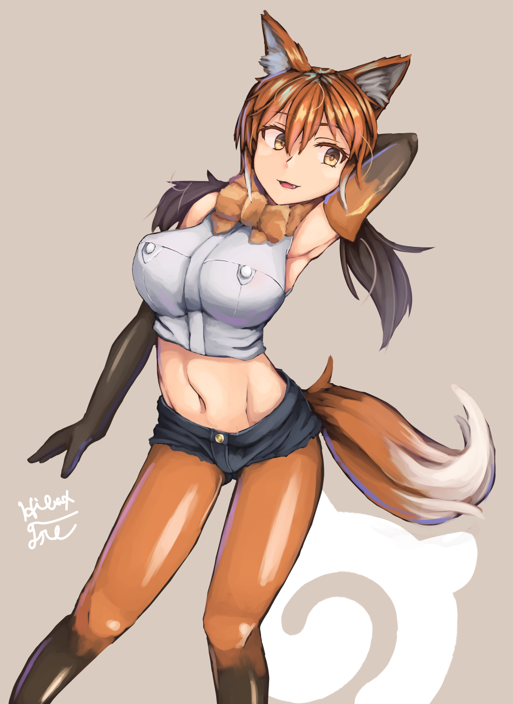 1girl, animal_ears, artist_name, bow, brown_background, brown_hair, fang, fox_ears