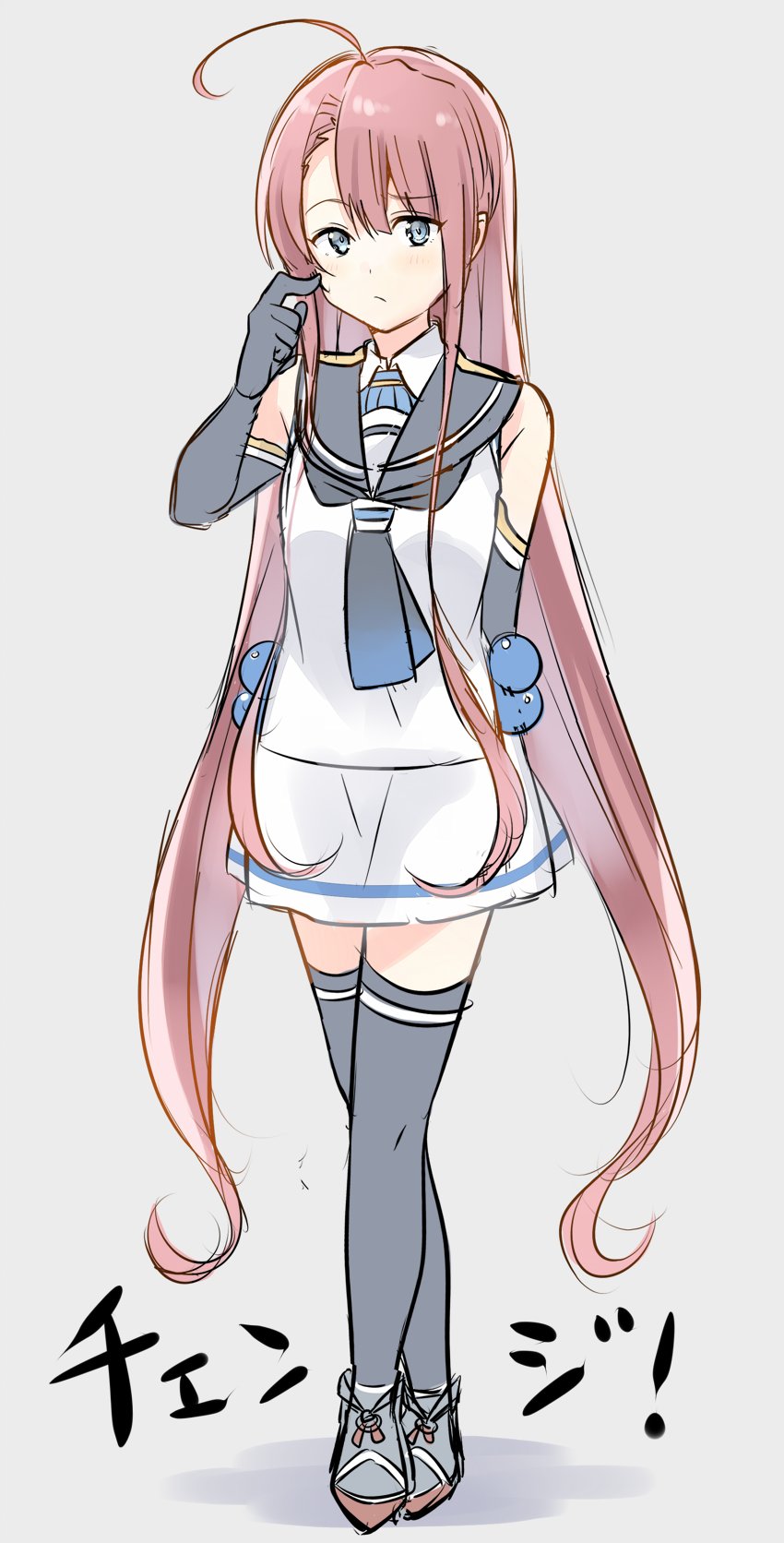 1girl, :/, ahoge, bare_shoulders, black_gloves, black_legwear, blue_eyes, cosplay
